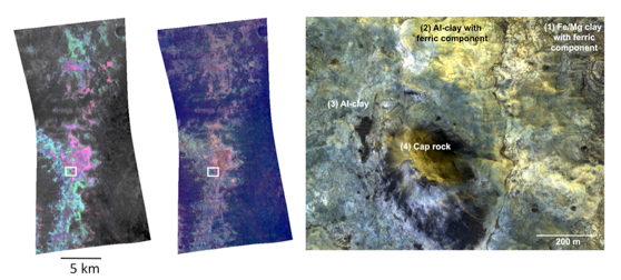 two false-color versions of a single CRISM image (left and center) and a HiRISE color image (right)