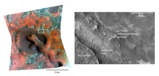 false color CRISM image at left and the HiRISE image at right