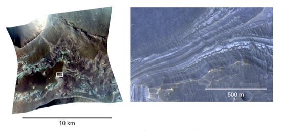 false color CRISM image at left and the HiRISE image at right