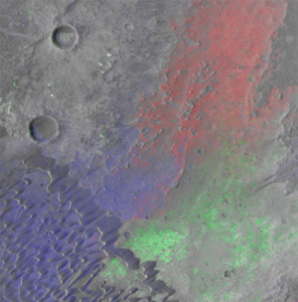 false color CRISM image overlain on an MRO Context Imager image